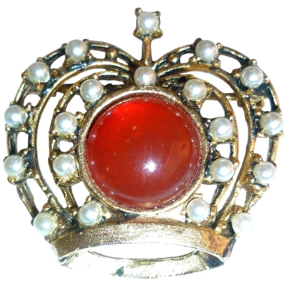 Vintage Mid Century Red Jelly Belly Crown‎ Brooch Pin Faux Pearl Gold Tone